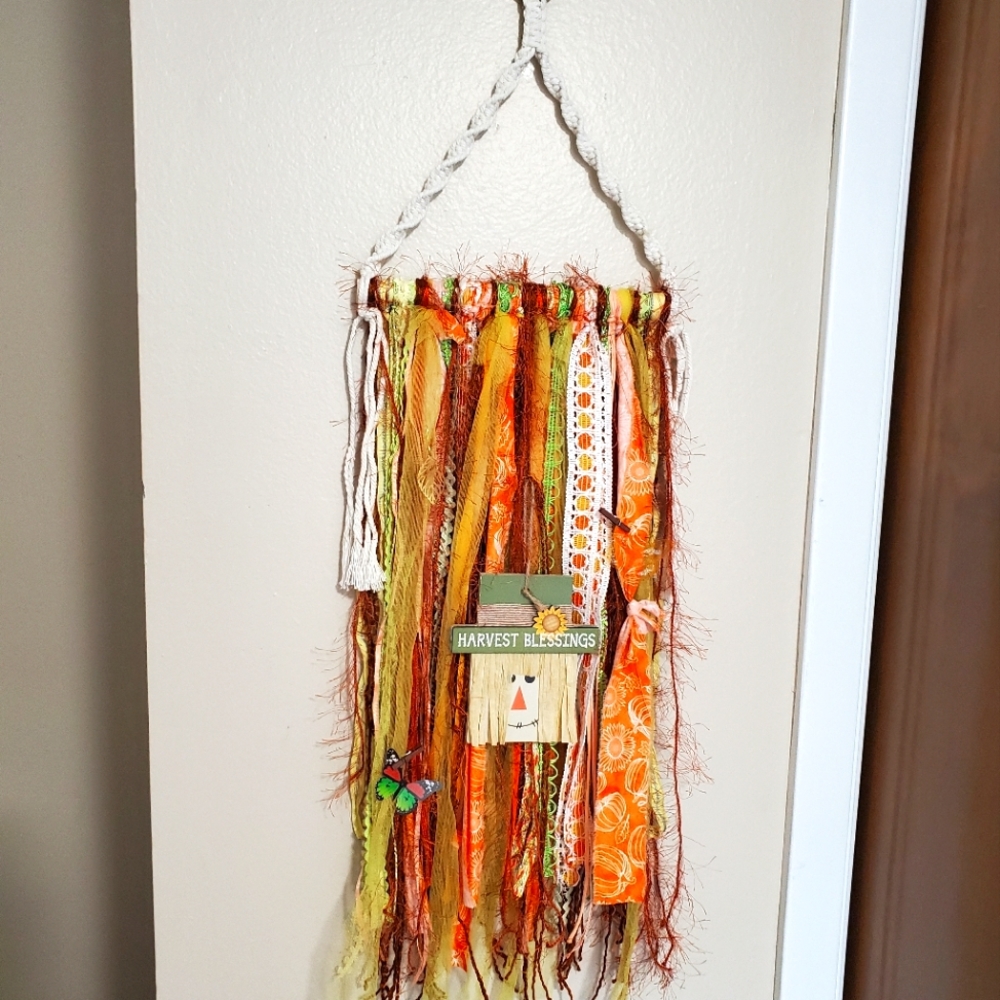 🎃 HAND CRAFTED Fall wall decor rag garland macrame ribbon lace fabric y…